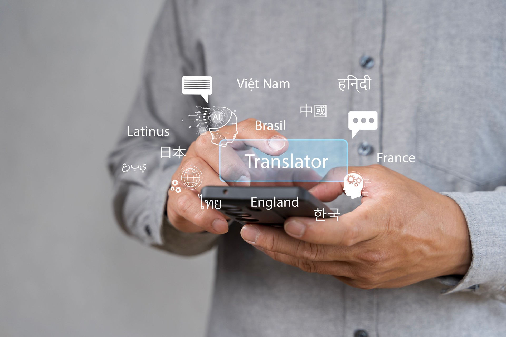 AI-Powered Language Translate App Concept. A person holds smartphone displaying an AI powered language